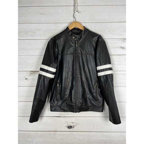Toxic Hazard Jacket Mens Medium Black Faux Leather Moto Biker Double Stripe Punk - Picture 1 of 9
